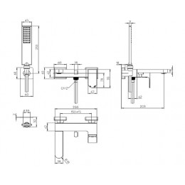 GILLO Смеситель для ванной, лейка  Flat-one, душевой держатель фиксированный из латуни, шланг из латуни дв. фальцевания 125 см., черный матовый