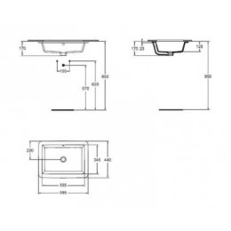 K077901 STRADA Умывальник, встраиваемый под столешницу, 59 см, без отверстия под смеситель, с переливом, с крепежом T645567, с монтажным шаблоном