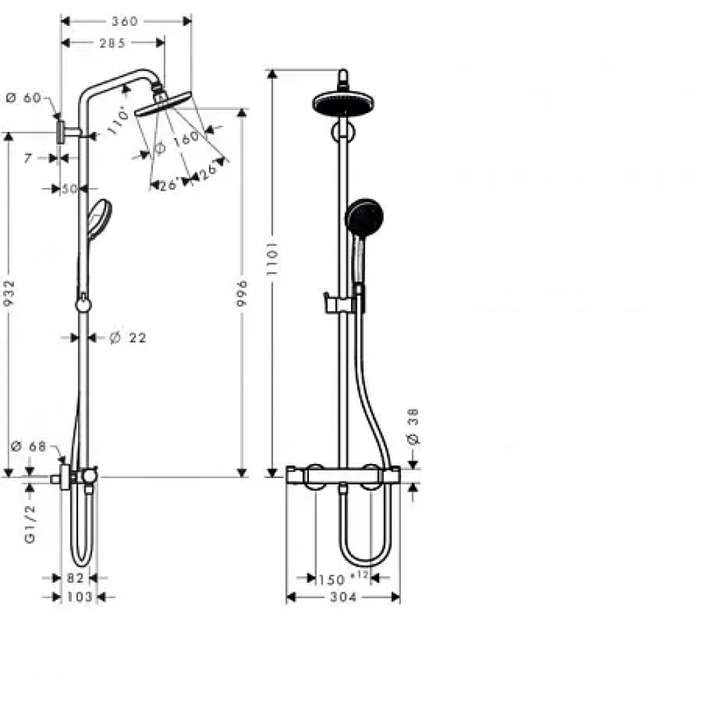 27135000 Croma 160 Showerpipe, держатель 270 мм, ½’