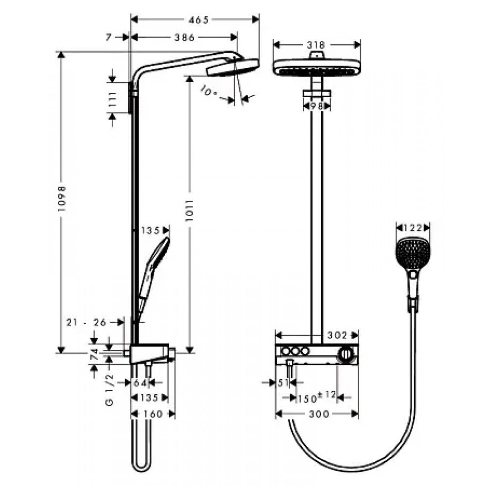 27127000 Raindance Select E 300 3jet Showerpipe, ½’, хром
