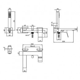 AKI Смеситель для ванной, лейка Cube, душевой держатель фиксированный из латуни, шланг из латуни дв. фальцевания 125 см., хром