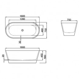 RICH Ванна акриловая отдельностоящая  в комплекте с сифоном и металлической рамой 1600x750x580 мм