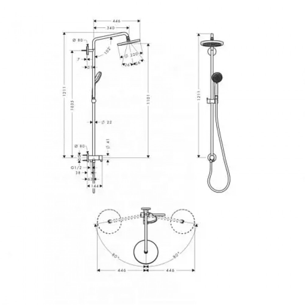 27224000 Croma 220 Showerpipe Reno, поворотный держатель 400 мм, ½’
