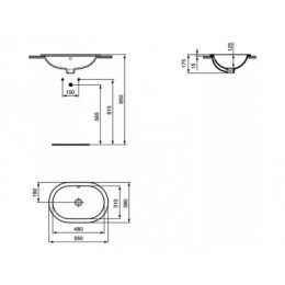 E504701 CONNECT Овальный встраиваемый умывальник 55X38 см, без отверстия под смеситель, с отверстием перелива, с монтажным шаблоном