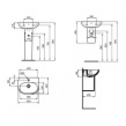 T352401 TESI Умывальник для рук 45 см (тонкий бортик) для монтажа с сифоном, колонной или полуколонной, с отверстием под смеситель