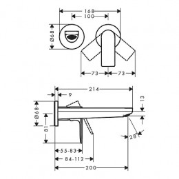 72568000 Rebris E Смеситель для умывальника, однорычажный, настенный, с изливом 20 см, хром