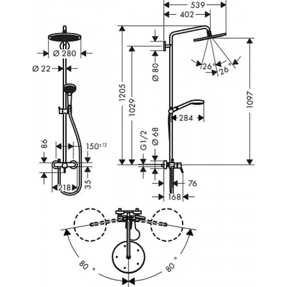 26791000 Croma Select 280 Air 1jet Showerpipe с однорычажным смесителем