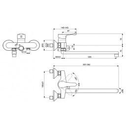 BD044AA ALPHA Однорукоятковый настенный смеситель для ванны/душа с длинным изливом, с керамическим переключателем, монтаж на стандартных эксцен