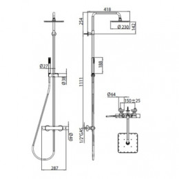 COSMO Душевая стойка с термостатическим смесителем для душа, верхний душ 230х230 мм., ручной душ ,цвет хром