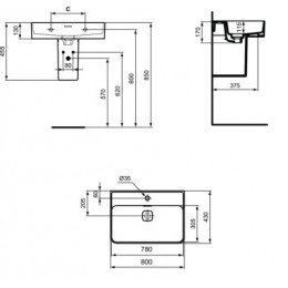 T300101 STRADA II Умывальник 80 см для монтажа с одним смесителем, с 1-м отверстием под смеситель, для монтажа с полуколонной или дизайн-сифоном