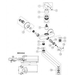 BD044AA ALPHA Однорукоятковый настенный смеситель для ванны/душа с длинным изливом, с керамическим переключателем, монтаж на стандартных эксцен