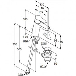 KLUDI PURE&EASY XL Однорычажный смеситель на умывальник 100, c донным клапаном, арт. 372909165