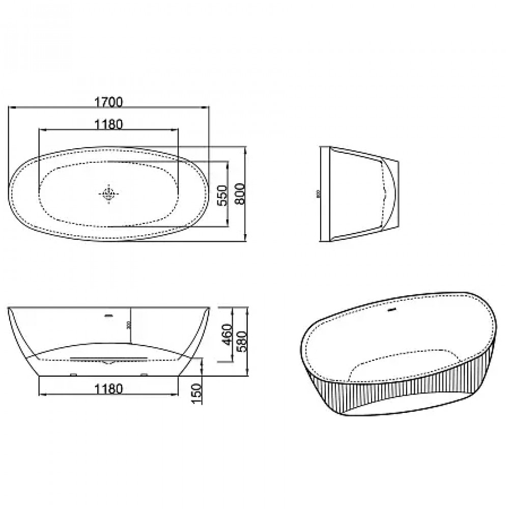 ARFA  Ванна акриловая свободностоящая в комплекте с сифоном и металлической рамой 1700x800x580