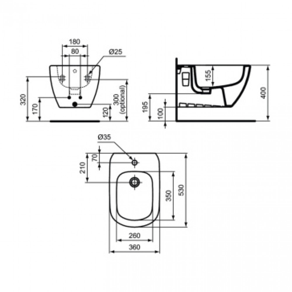 T3552V1 TESI Silk White (Белый шёлк) Подвесное биде, с отверстием под смеситель, с отверстием перелива, с крепежом TT0299598