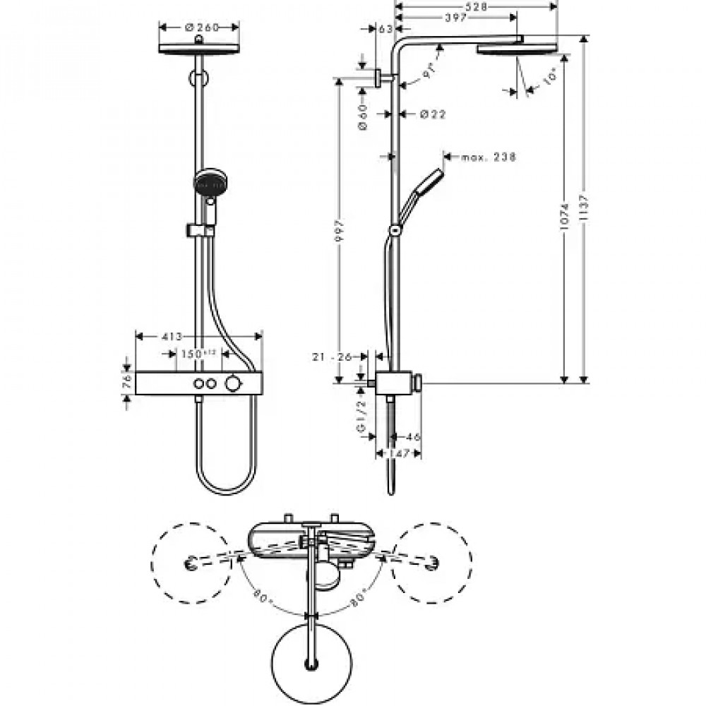 24220000 Pulsify Showerpipe 260 1jet с термостатом ShowerTablet Select 400, хром