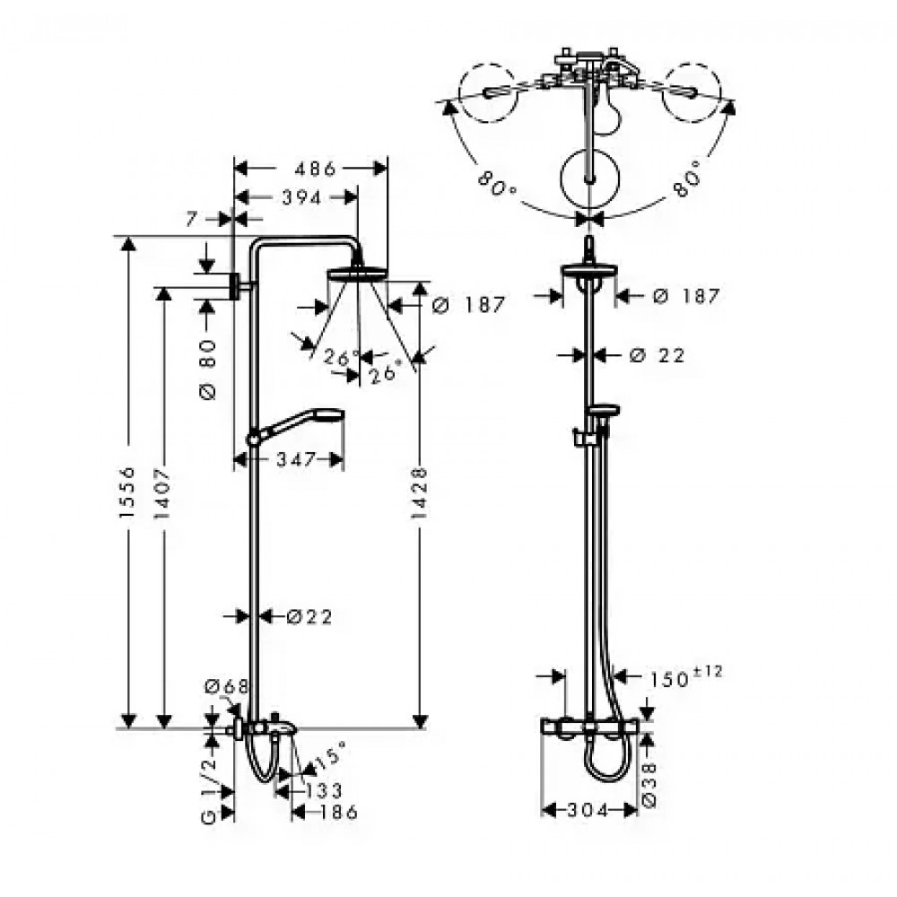 27351400 Croma Select S 180 2jet Showerpipe для ванны, белый/хром