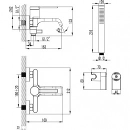 VINCENTE Смеситель для ванны и душа с полным душевым набором, черный