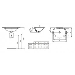 E504801 CONNECT Овальная встраиваемая под столешницу раковина 55х38 см, без отверстия под смеситель, с отверстием перелива, с монтажным шаблоном