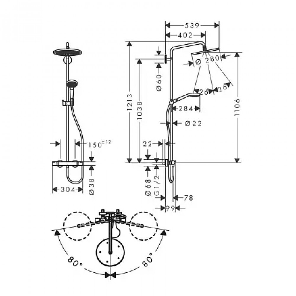 26890670 Croma Select S Showerpipe 280 1jet с термостатом, черный матовый