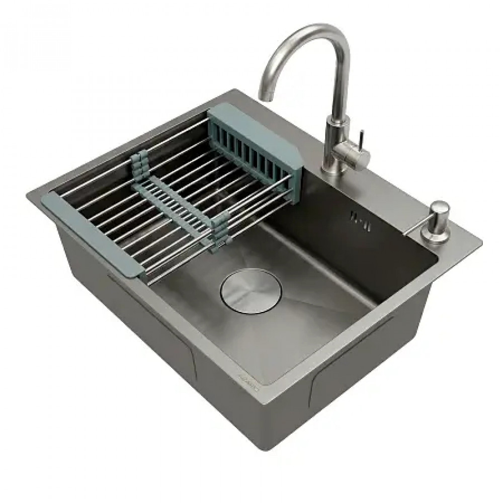 AZARIO кухонная мойка NICOLE (500*500*220) нержавеющая сталь серая соты(сифон, диспенсер,коландер)