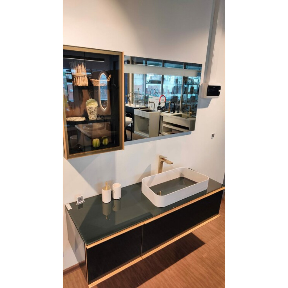 Комплект мебели, Edone, Rea, тумба под раковину + база + раковина + шкаф пенал + зеркало, цвет мебели-Foresta