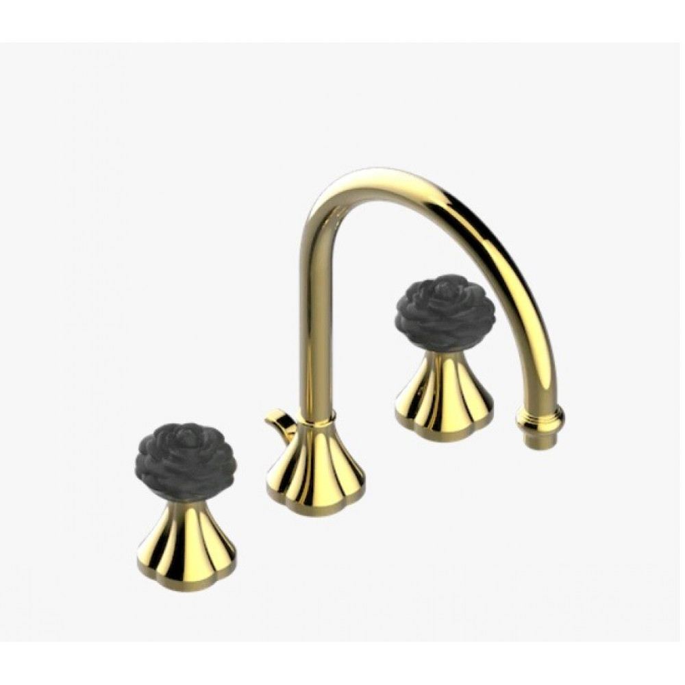 Смеситель для раковины, THG, Camelia Black Crystal, ручки-цветок камелии в черном цвете, цвет-золотистый PVD