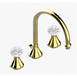 Смеситель для раковины, THG, Camélia Clear crystal, ручки-цветок камелии в белом цвете, цвет-золотистый PVD