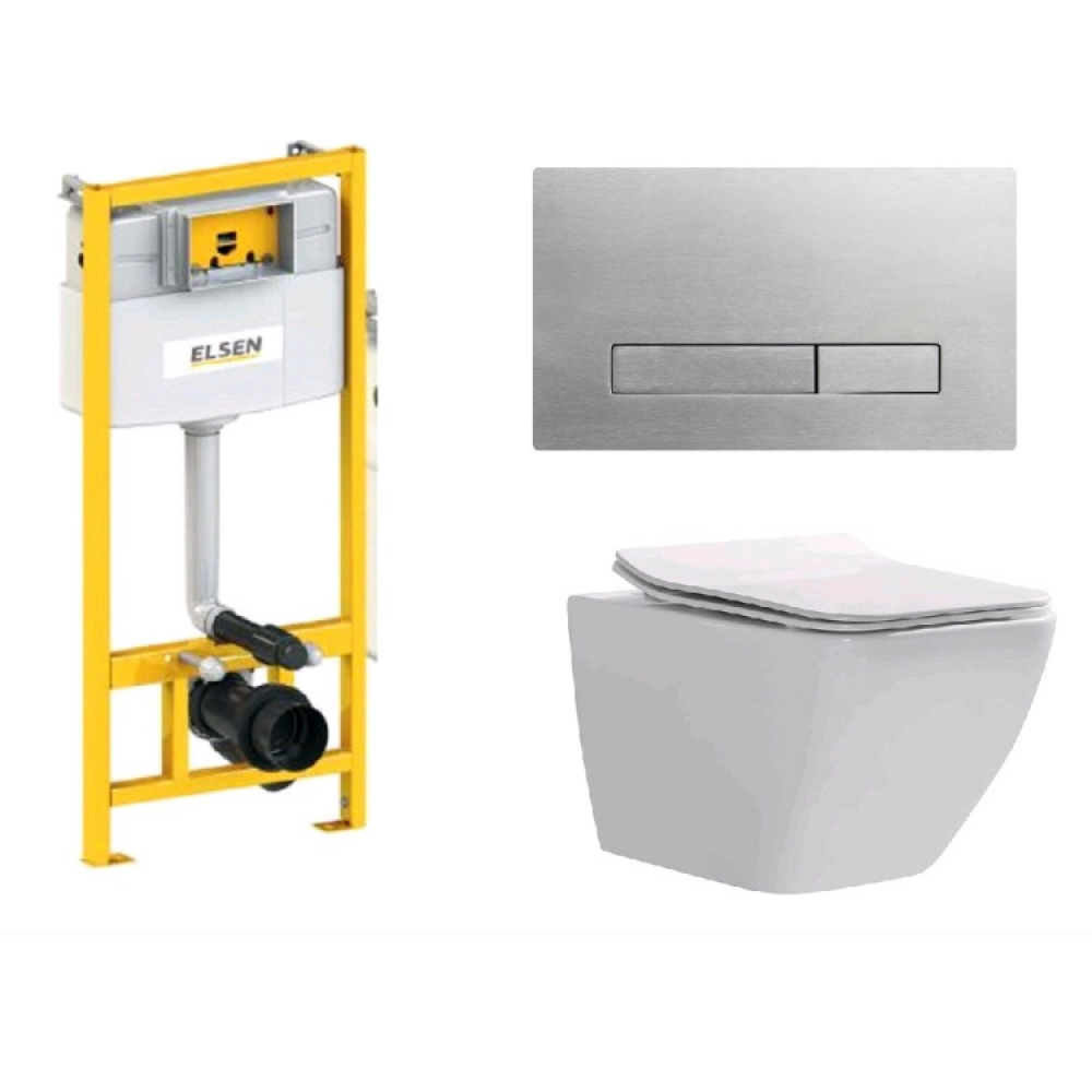 Комплект, ELSEN, E16, подвесной, шгв 360*530*365, цвет унитаза-белый, цвет сиденья-белый, цвет клавиши-сталь