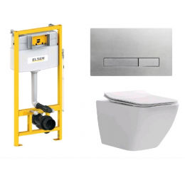 Комплект, ELSEN, E16, подвесной, шгв 360*530*365, цвет унитаза-белый, цвет сиденья-белый, цвет клавиши-сталь