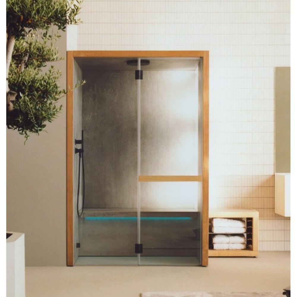 Хаммам, Effe, Natural H, шгв 1400*1050*2140, петли-слева, фурнитура-Matt Gun Metal PVD, отделки-осина, Gres Concreto Medium