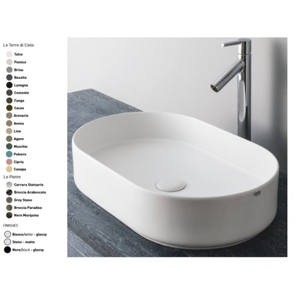 Раковина, CIELO, Shui Comfort, шгв 600*380*125, отверстия для смесителя-отсутствуют, цвет-Gloss White