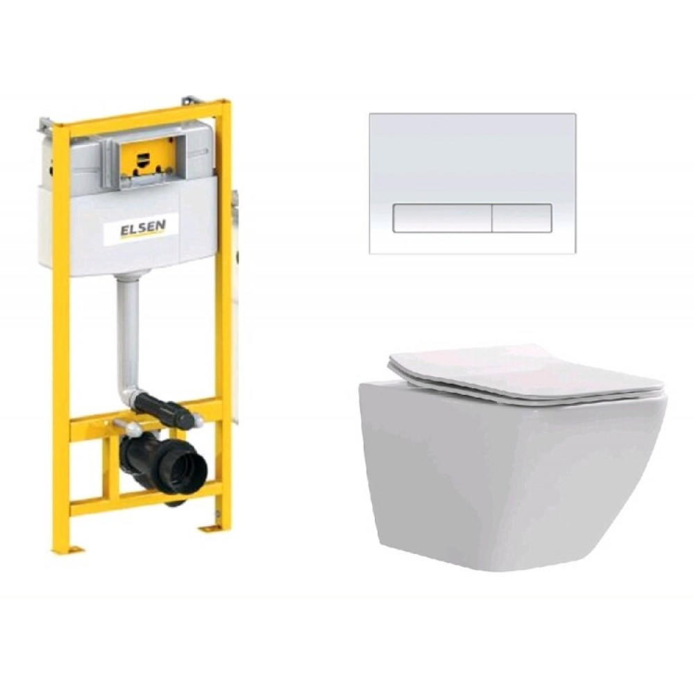 Комплект, ELSEN, E16, унитаз подвесной, шгв 360*530*365 + инсталляция + клавиша смыва, цвет унитаза-белый, цвет клавиши-хром