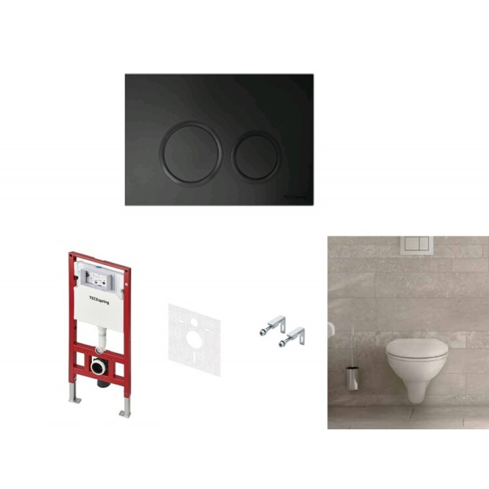 Комплект, TECE, TECEbasic, унитаз+инсталляция+клавиша смыва, цвет унитаза-белый, цвет клавиши-черный матовый/кнопки-круглые