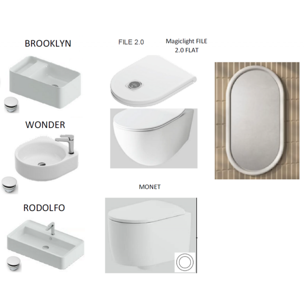 Набор, Artceram, 2 унитаза с крышкой + 3 раковины с донными клапанами + 1 зеркало, цвет унитазов-белый, белый матовый, цвет раковин-белый