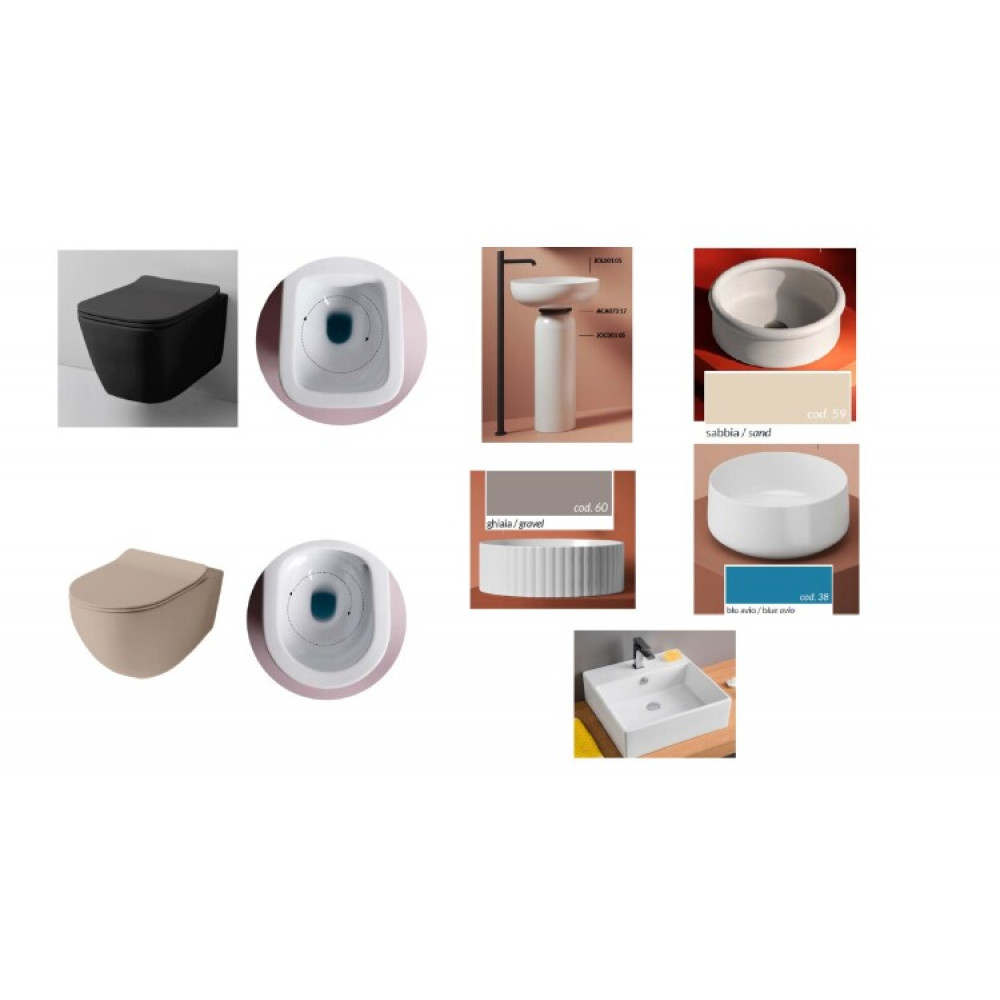 Набор, Artceram, 2 унитаза с крышкой + 5 раковин + 1 пьедестал, цвет унитазов-черный матовый; Matera, цвет раковин-белый; белый матовый; Sabbia; Gravel; Blue Avio, ц