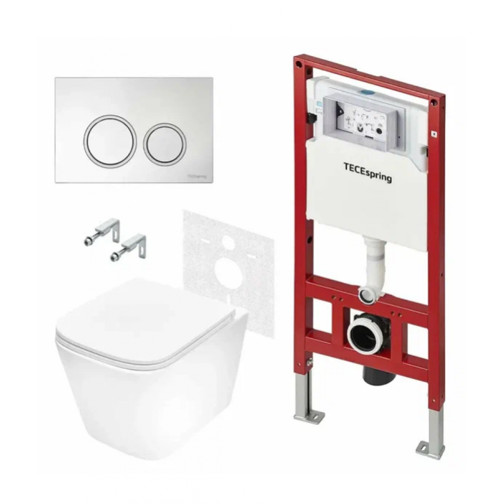 Комплект, TECE, TeceSpring Base, унитаз Model S+инсталляция+клавиша смыва TECEspring R, цвет унитаза-белый, цвет сиденья-белый, цвет клавиши-хром