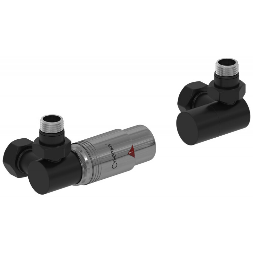 Автоматический терморегулятор, Сунержа, 3D, G 1/2" НР х G 3/4" НГ, набор, левый, цвет-черный матовый/черный хром