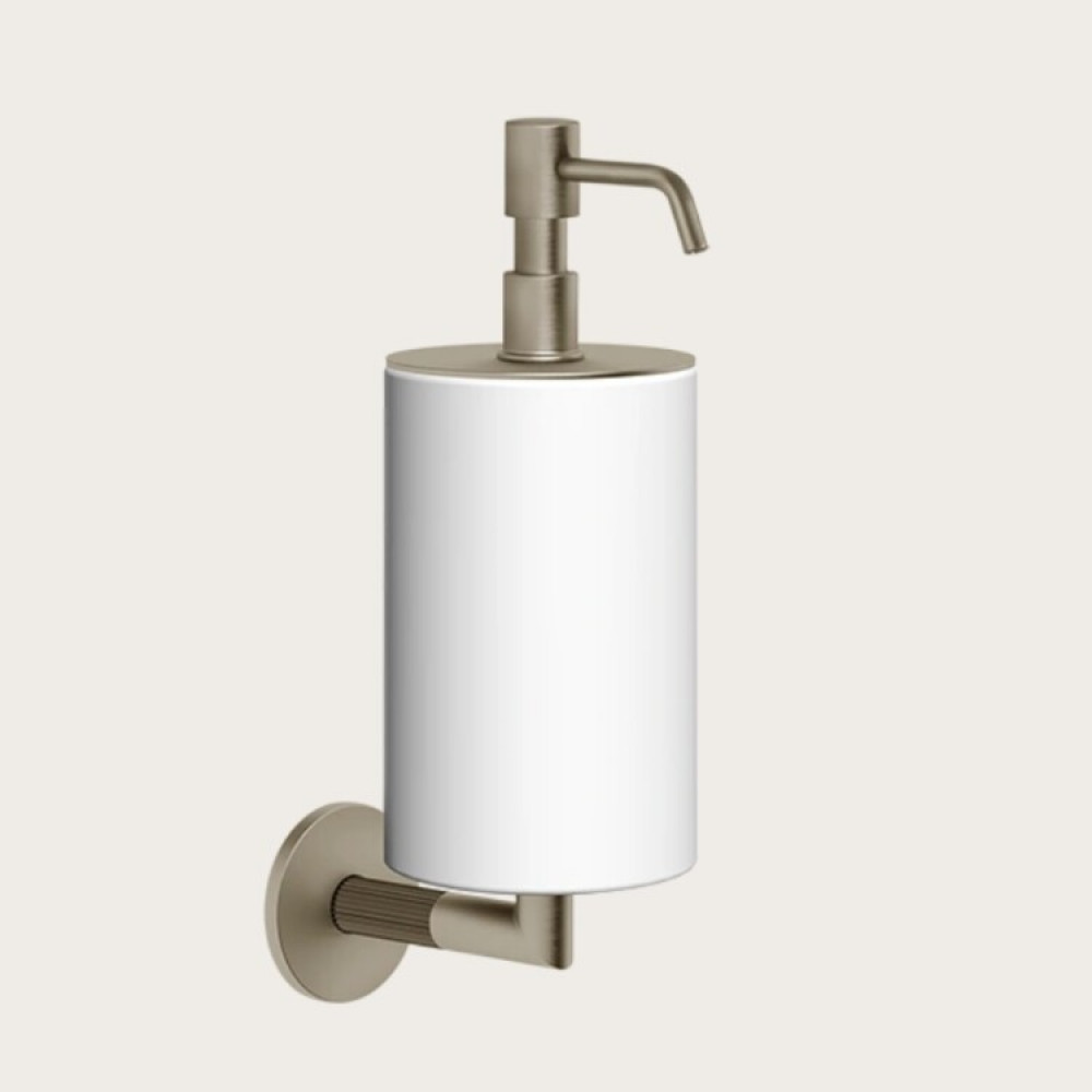 Дозатор для жидкого мыла, Gessi, Ingranaggio, шгв 75*128*243, цвет дозатора-Finox Brushed Nickel/белый