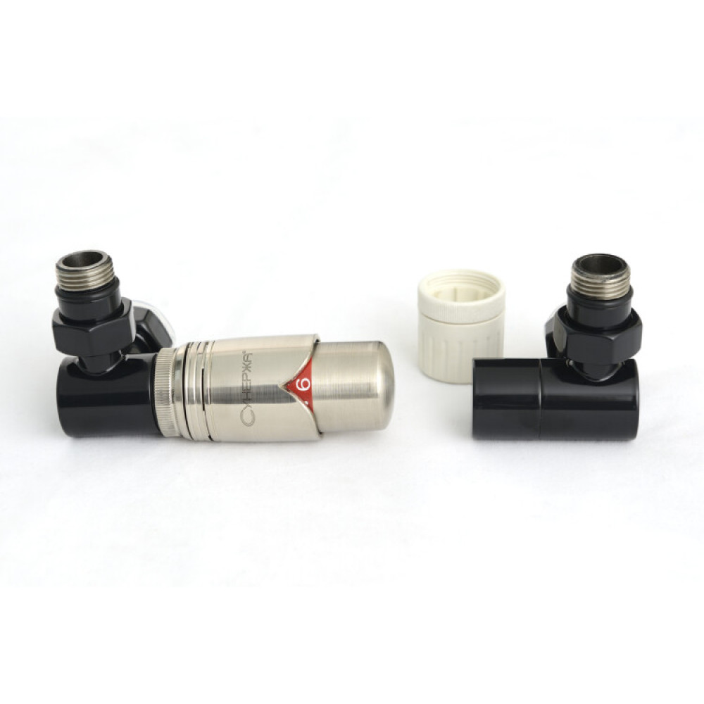 Автоматический терморегулятор, Сунержа, 3D, G 1/2" НР х G 3/4" НГ, набор, левый, цвет-RAL 9011 Графитовый чёрный/сталь