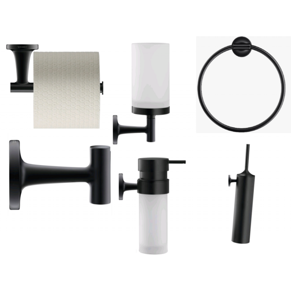 Набор аксессуаров, Duravit, Starck T, бумагодержатель+полотенцедержатель+стакан+ершик+крючок+дозатор для мыла, цвет-черный матовый