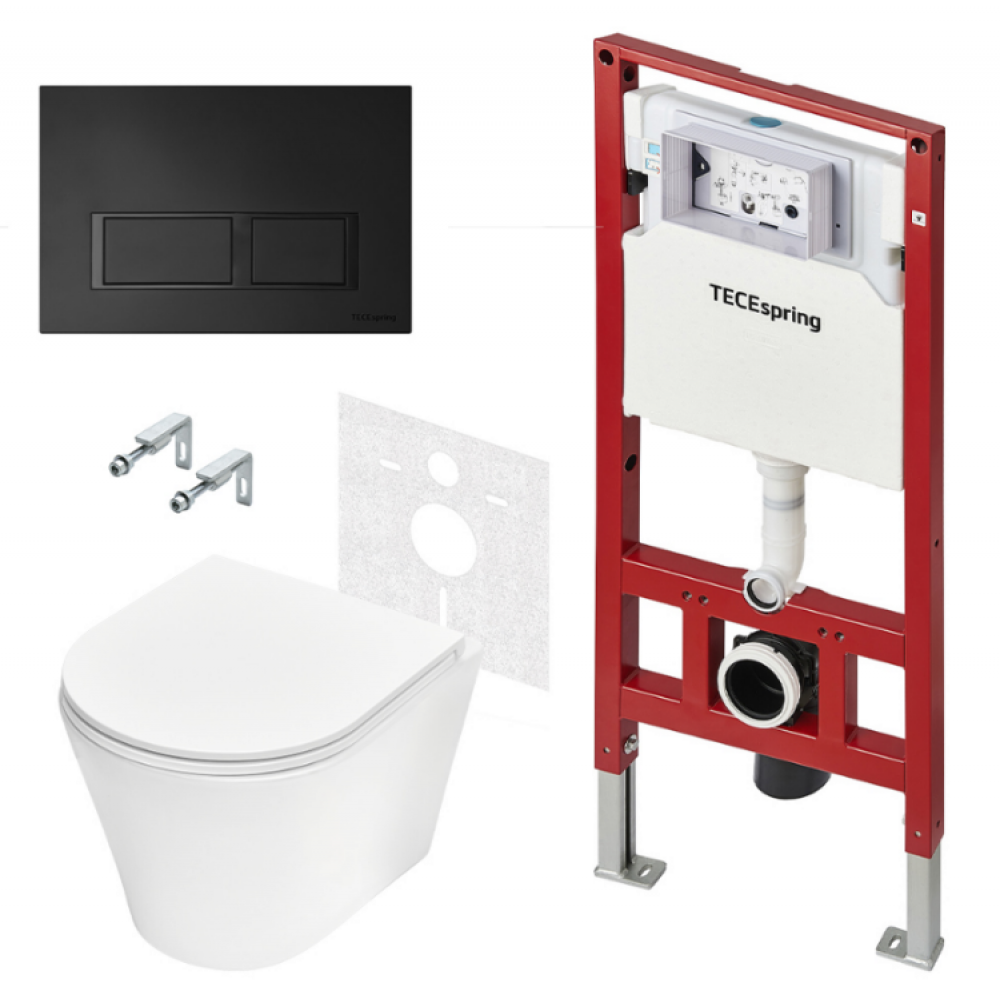 Комплект, TECE, TeceSpring K, подвесной, шгв 360*480*350, цвет унитаза-белый, цвет сиденья-белый, цвет клавиши-черный матовый