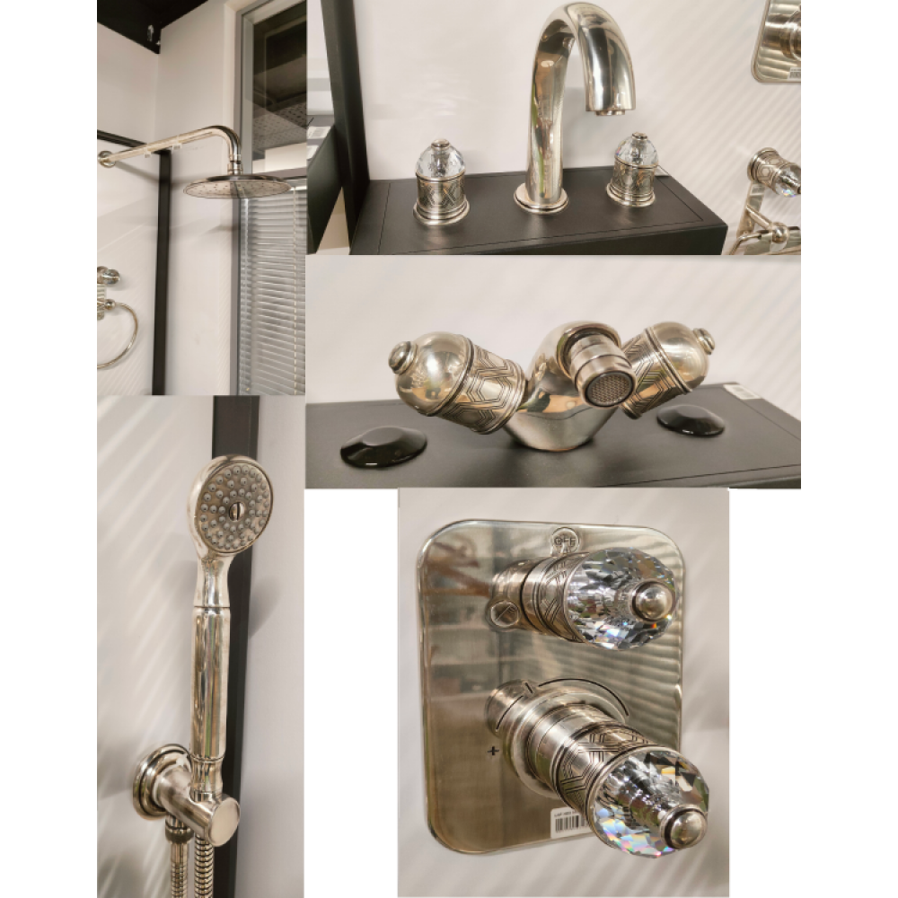 Комплект, THG, Duomo crystal, смесители для биде+для раковины+верхний душ+держатель+смеситель для душа+внутр. часть+душевой набор, цвет-Antique Silver