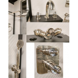 Комплект, THG, Duomo crystal, смесители для биде+для раковины+верхний душ+держатель+смеситель для душа+внутр. часть+душевой набор, цвет-Antique Silver