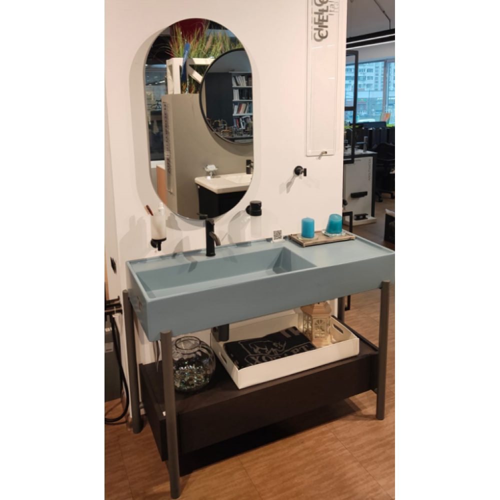 Комплект, Cielo, Plinio, консоль с раковиной, донным клапаном, сифоном, деревянным ящиком, белой корзиной и зеркалом  I Catini, цвет-Cemento/Polvere