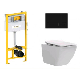 Комплект, ELSEN, E16, унитаз подвесной, шгв 360*530*365 + инсталляция + клавиша смыва, цвет унитаза-белый, цвет клавиши-черный матовый