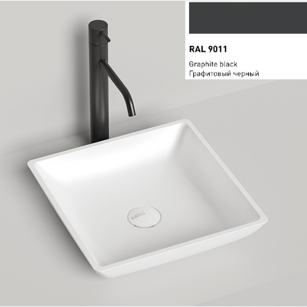 Раковина, Salini, Callista 04, шгв 375*375*85, отверстия для смесителя-отсутствуют, цвет-RAL9011 матовый снаружи/белый матовый внутри