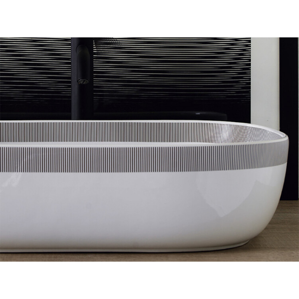 Раковина, Scarabeo, Glam, шгв 560*390*140, отверстия для смесителя-отсутствуют, цвет-белый декор Black line strip