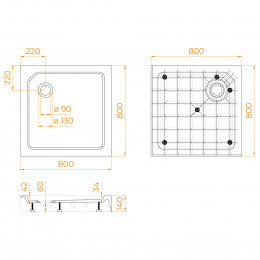 Душевой поддон квадратный RGW SMC-C-088 Белый  800x800