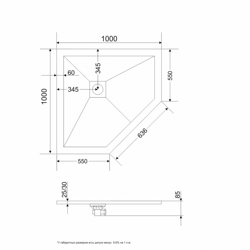 Душевой поддон трапеция RGW ST/T-W Белый  1000x1000