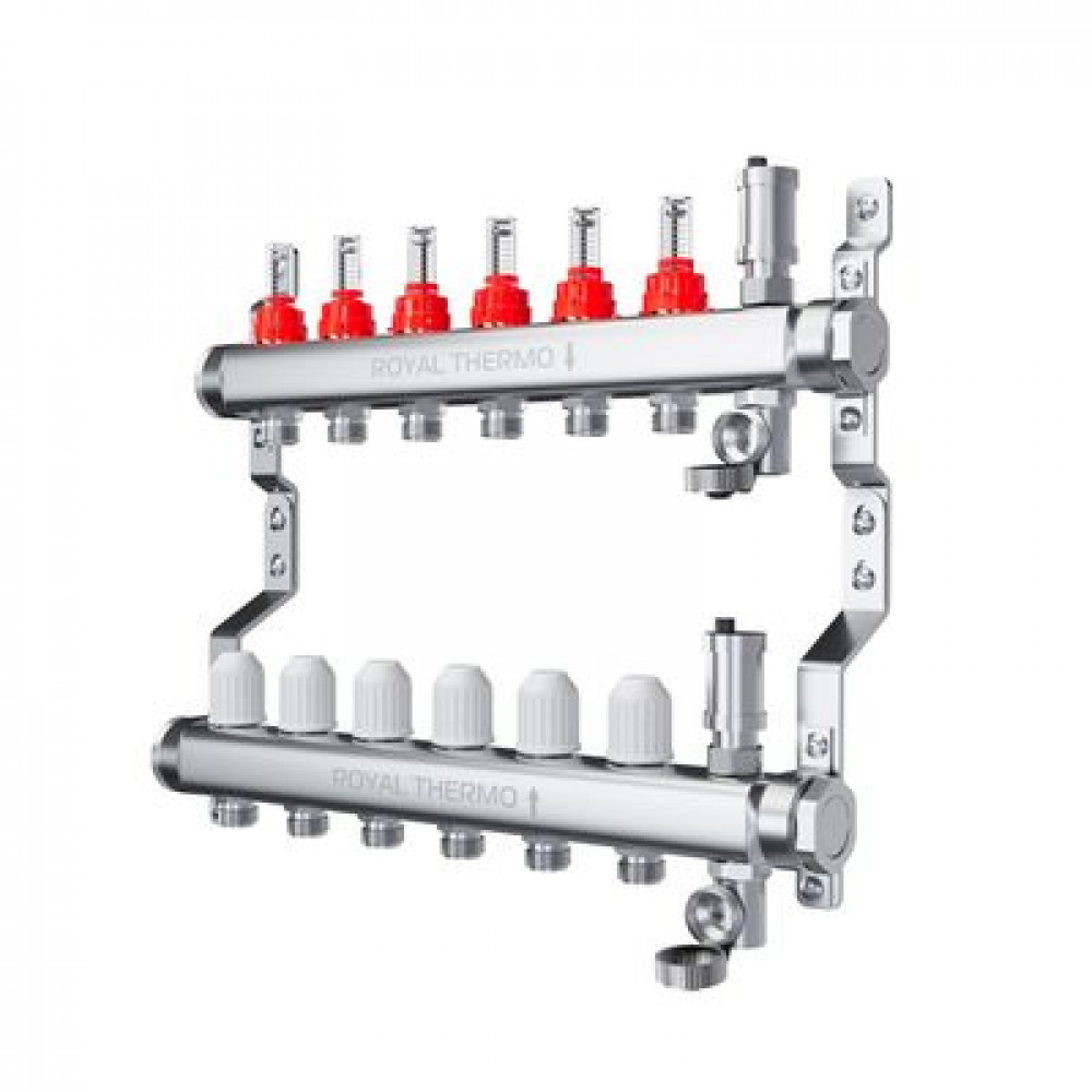 Коллектор Royal Thermo нерж. в сборе с расходомерами 1quot; ВР-3/4quot; НР с автомат. воздухоотвод-ми 5 вых.
